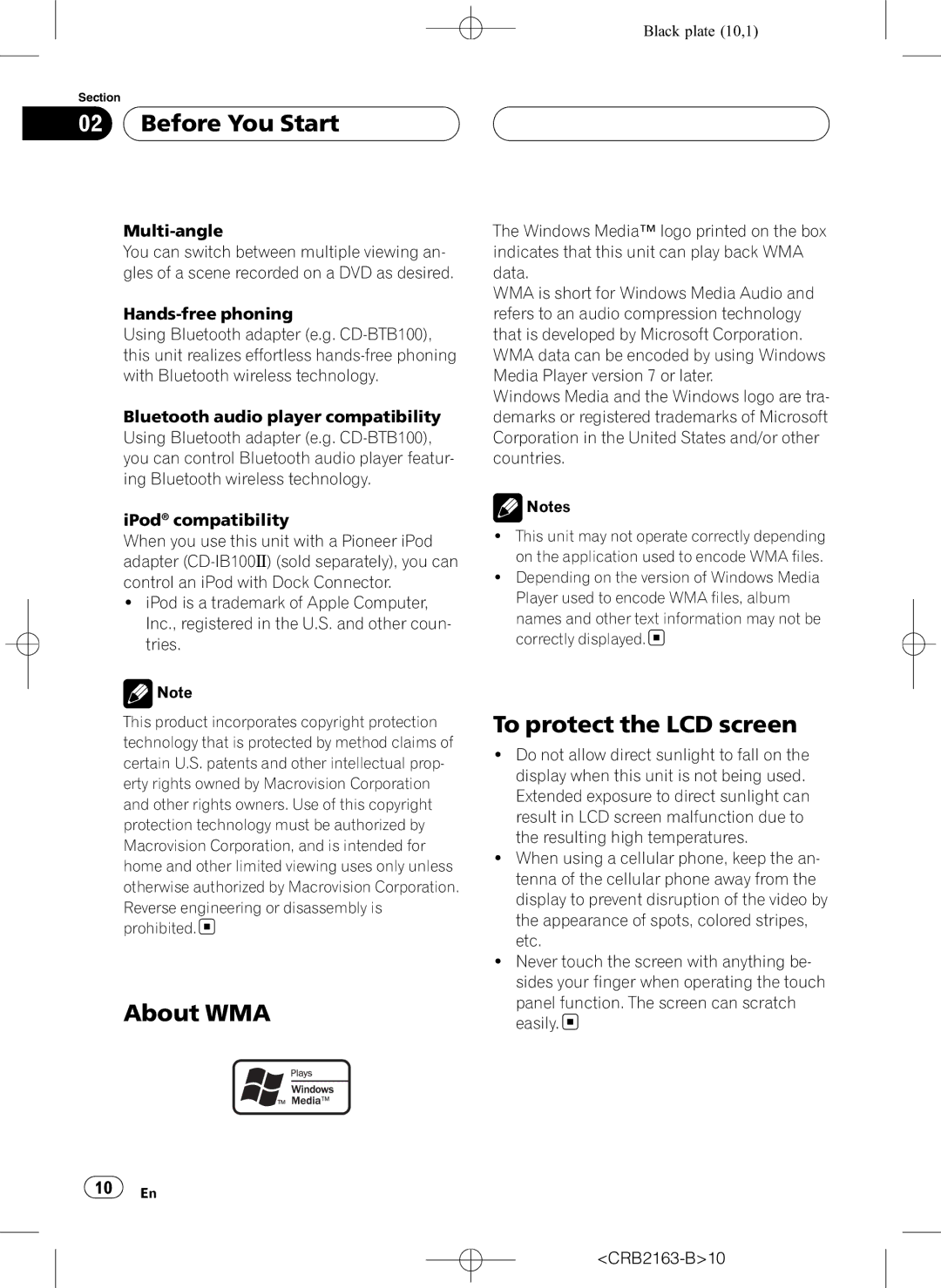 Pioneer AVH-P6850DVD operation manual Before You Start, About WMA, To protect the LCD screen, CRB2163-B10 