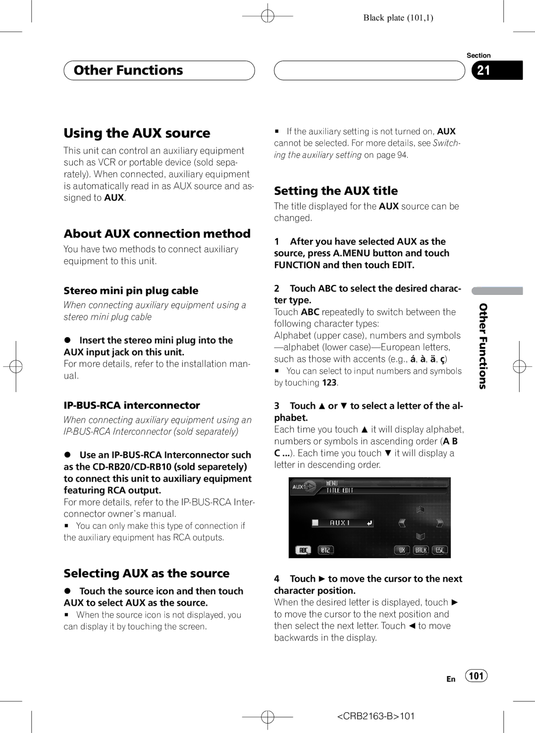 Pioneer AVH-P6850DVD Other Functions Using the AUX source, About AUX connection method, Selecting AUX as the source 