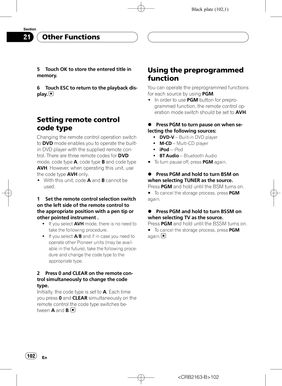 Pioneer AVH-P6850DVD operation manual Setting remote control code type, Using the preprogrammed function, 102 En 