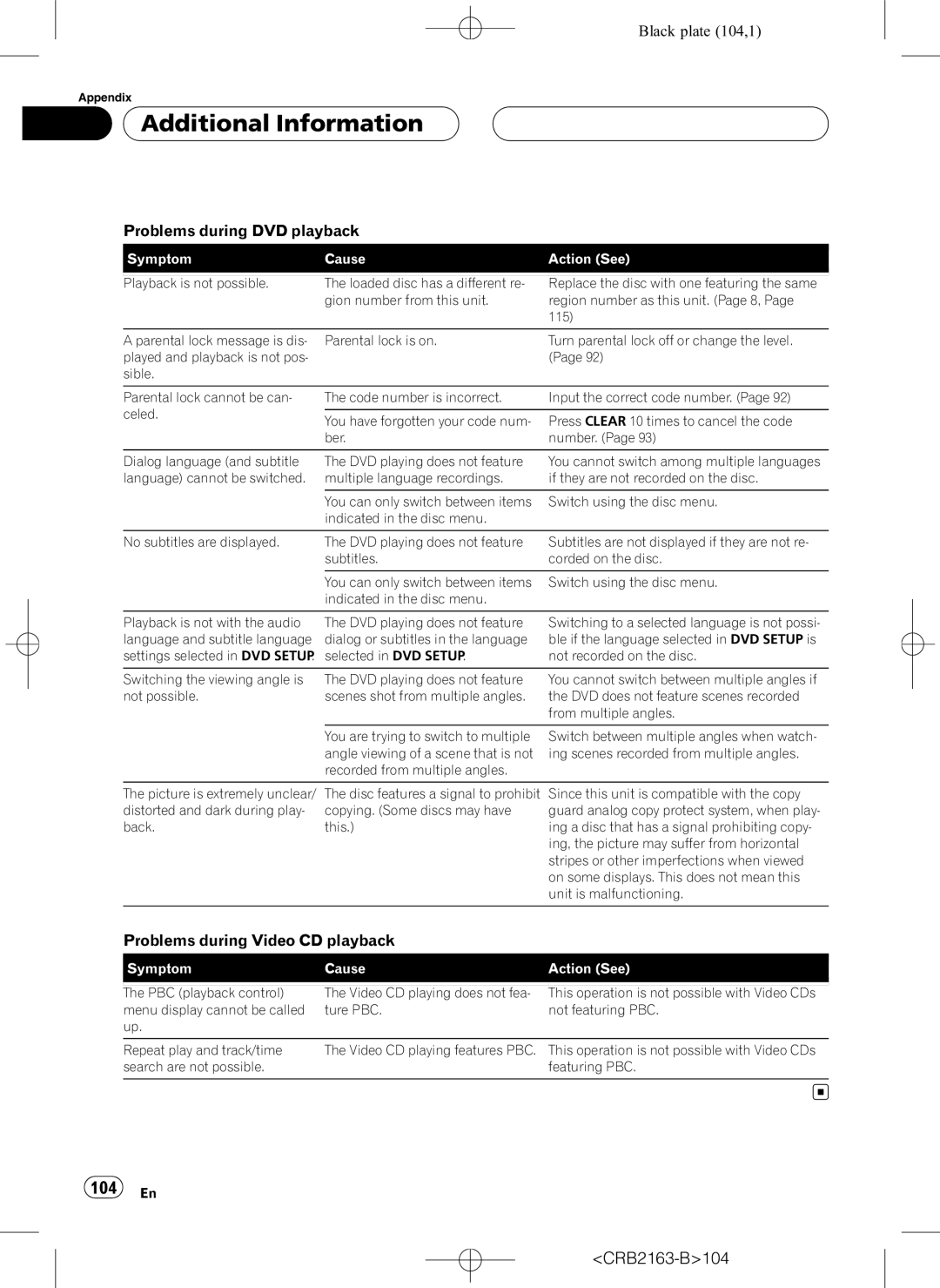 Pioneer AVH-P6850DVD Additional Information, 104 En, Problems during DVD playback, Problems during Video CD playback 