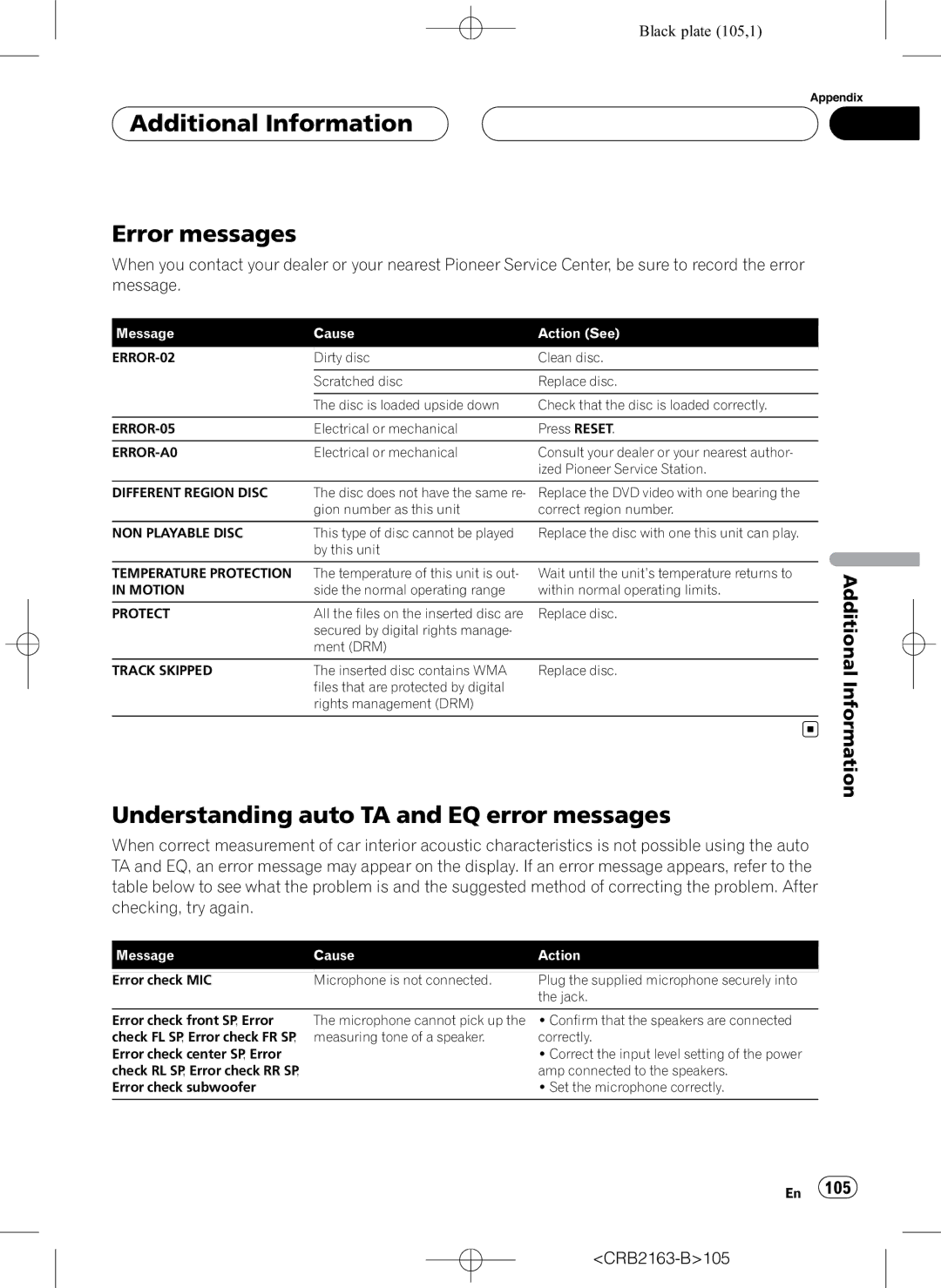 Pioneer AVH-P6850DVD Additional Information Error messages, Understanding auto TA and EQ error messages, CRB2163-B105 