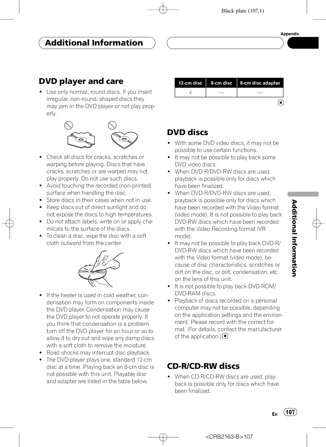 Pioneer AVH-P6850DVD operation manual Additional Information DVD player and care, DVD discs, CD-R/CD-RW discs 