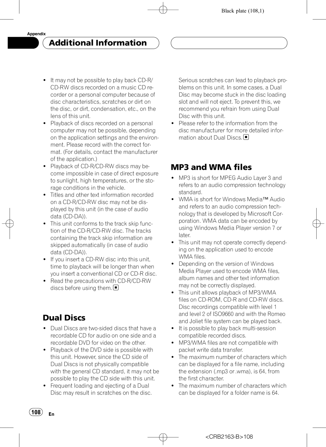 Pioneer AVH-P6850DVD operation manual Dual Discs, MP3 and WMA files, 108 En 