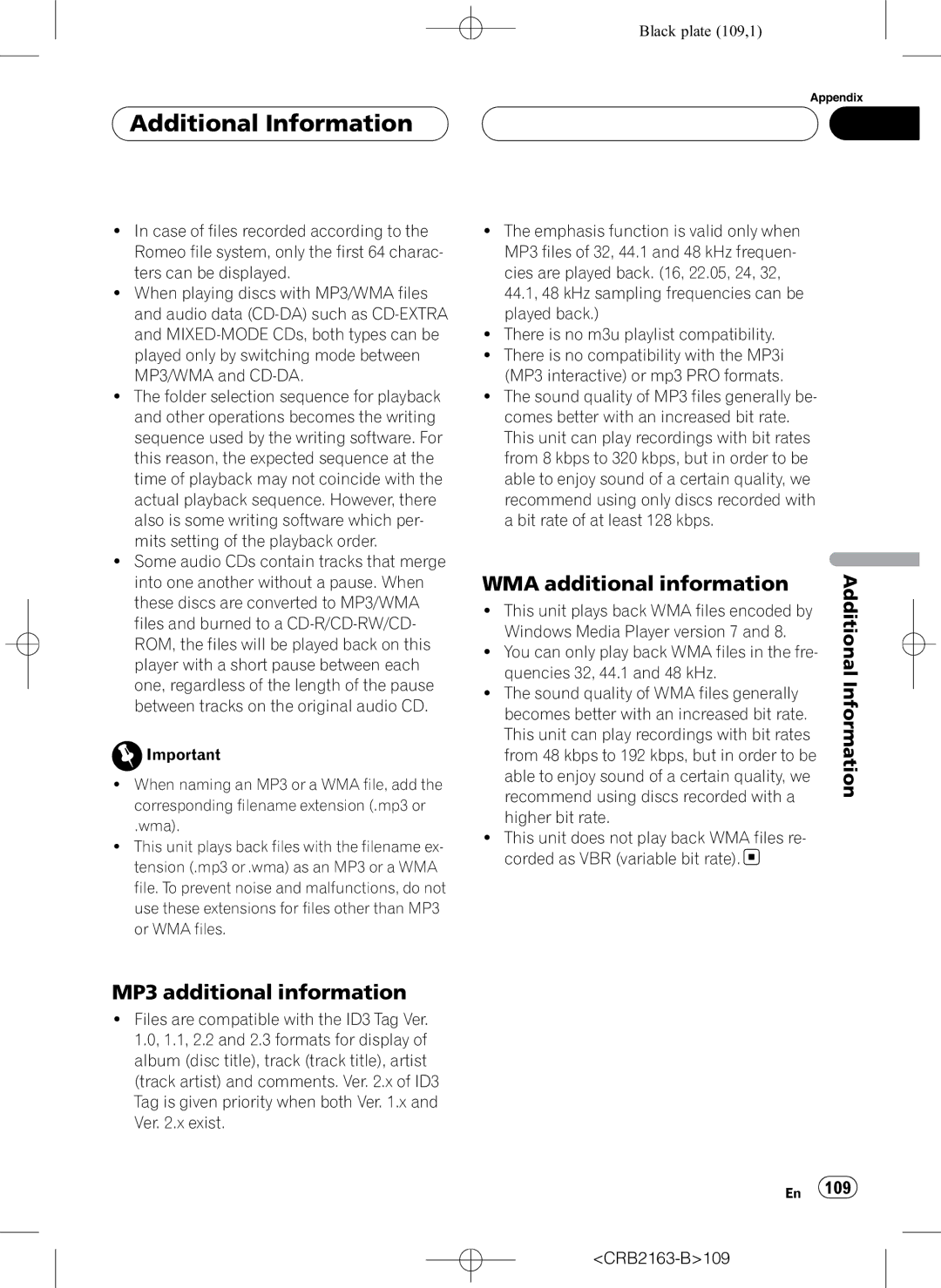 Pioneer AVH-P6850DVD operation manual WMA additional information, MP3 additional information 