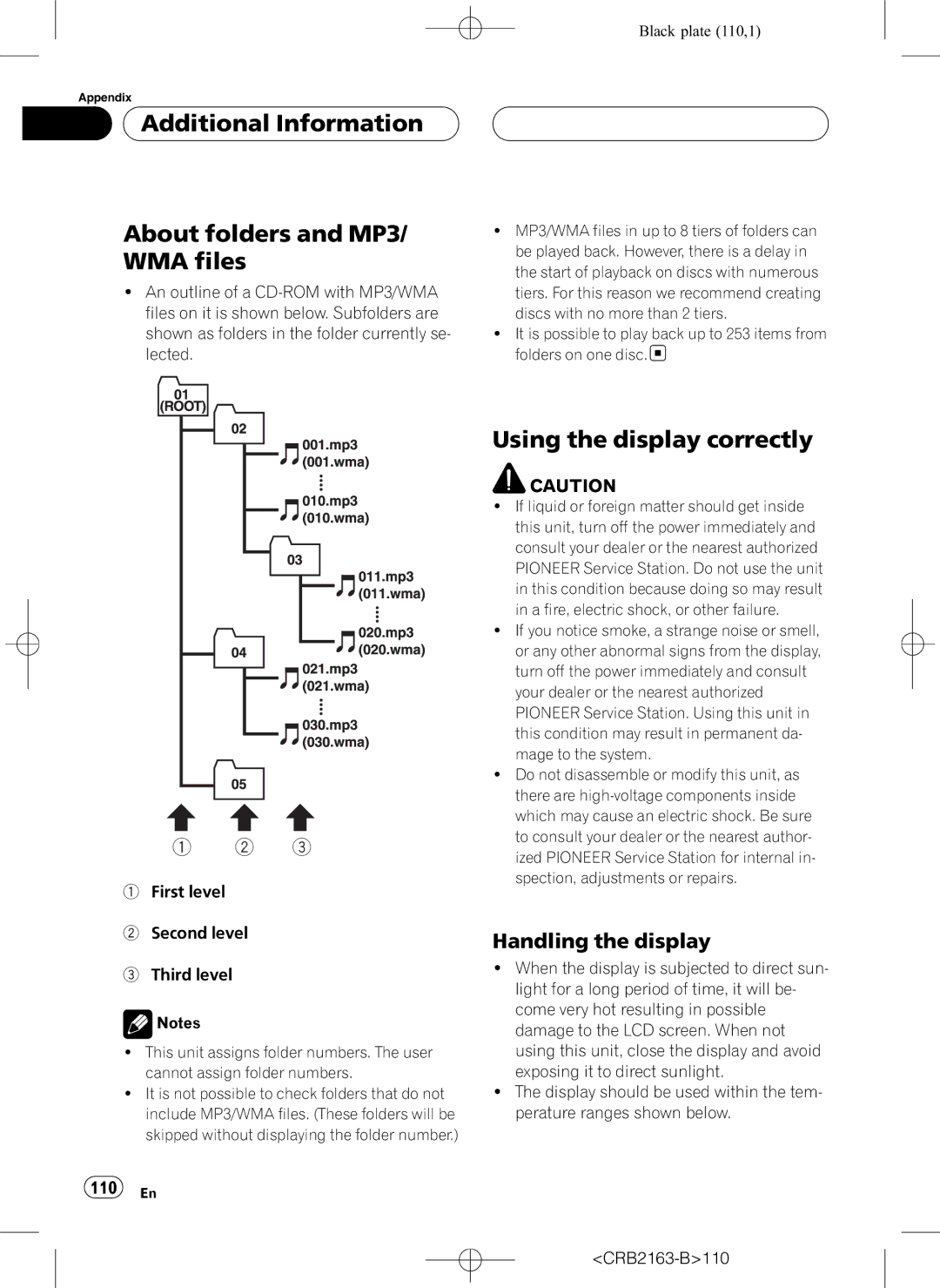 Pioneer AVH-P6850DVD Additional Information About folders and MP3/ WMA files, Using the display correctly, 110 En 