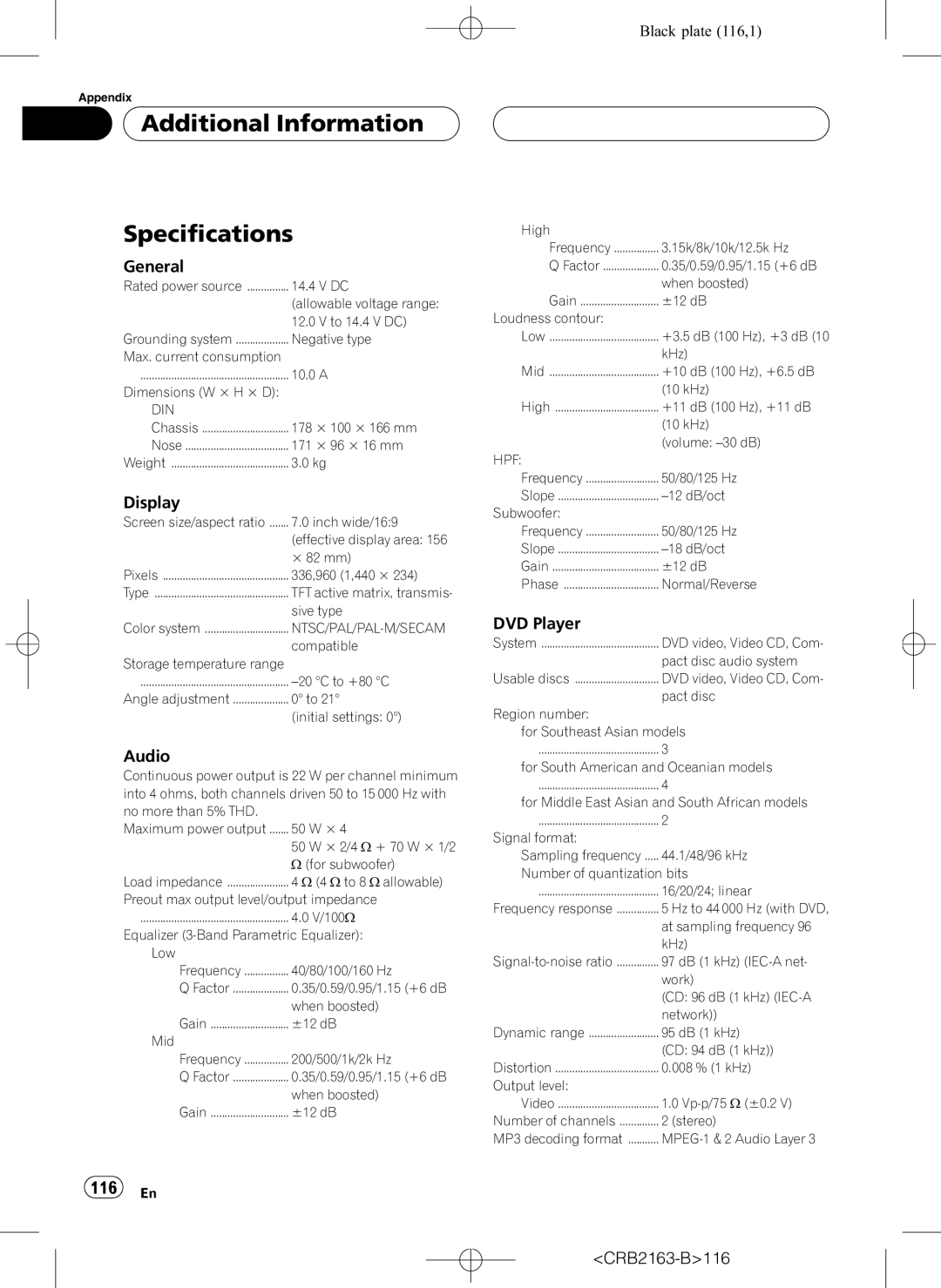 Pioneer AVH-P6850DVD operation manual Additional Information Specifications, 116 En, General, DVD Player, CRB2163-B116 