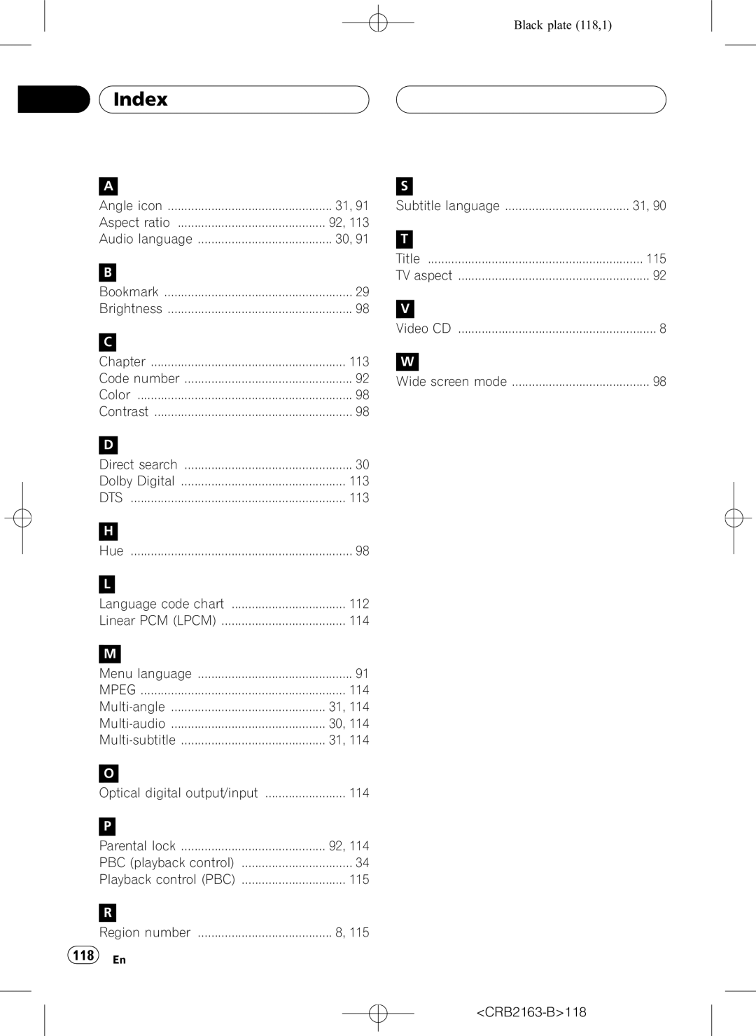 Pioneer AVH-P6850DVD operation manual Index, 118 En, CRB2163-B118 