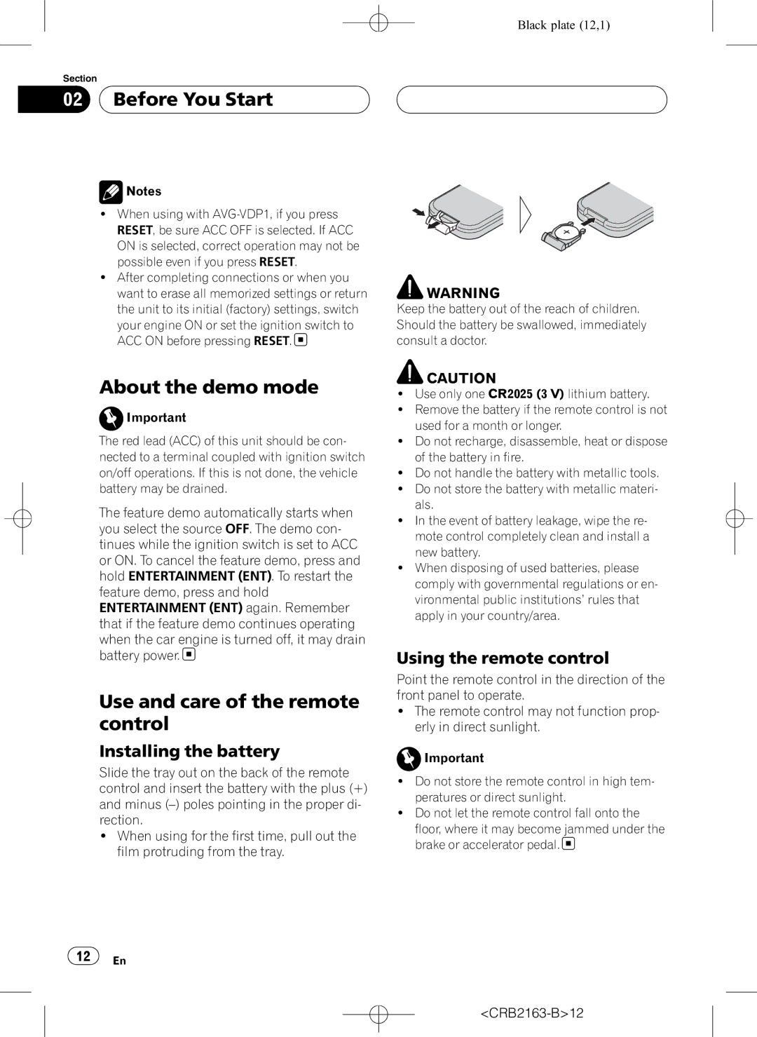 Pioneer AVH-P6850DVD About the demo mode, Use and care of the remote control, Installing the battery, CRB2163-B12 