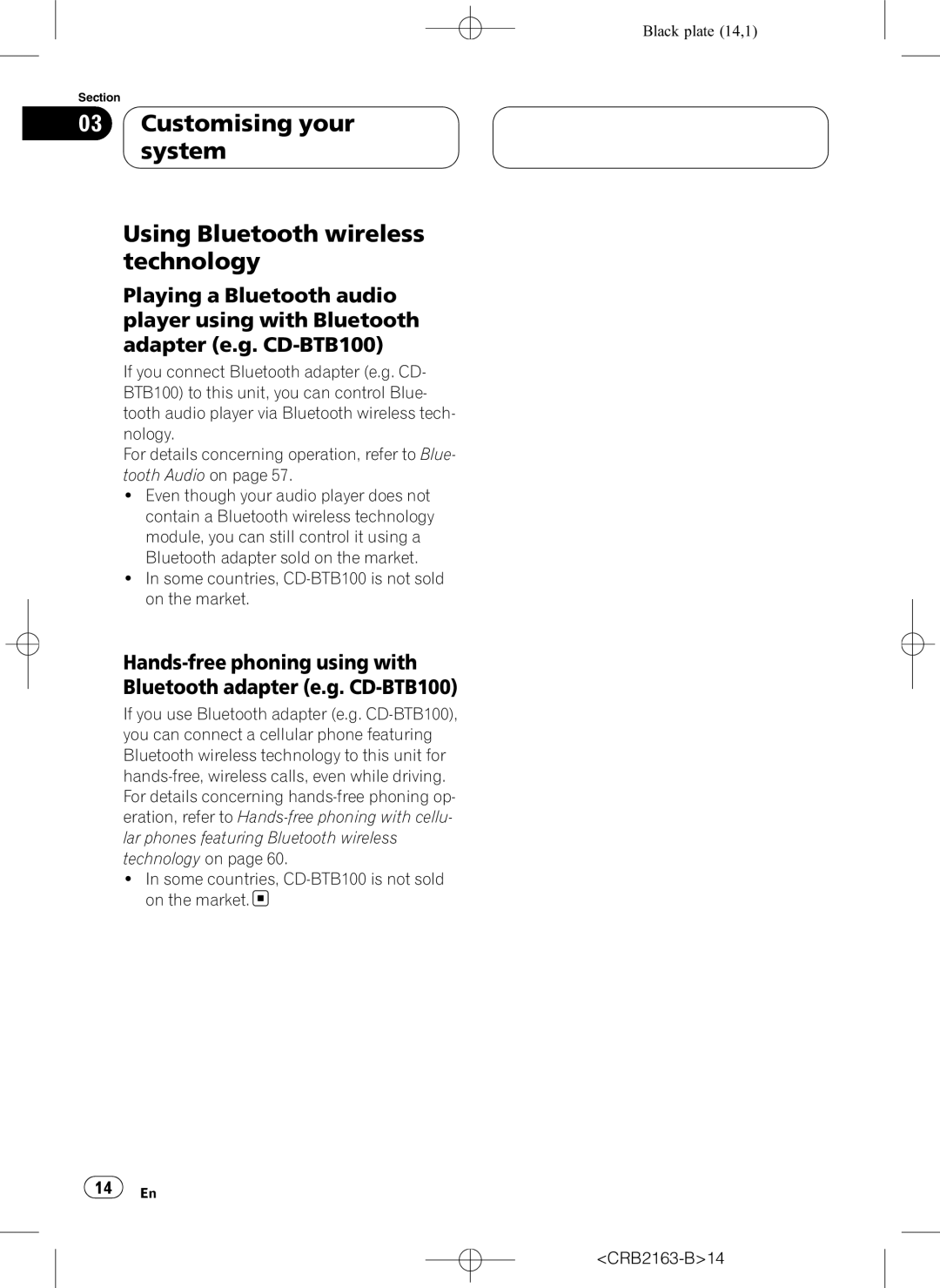 Pioneer AVH-P6850DVD operation manual Customising your system Using Bluetooth wireless technology, CRB2163-B14 