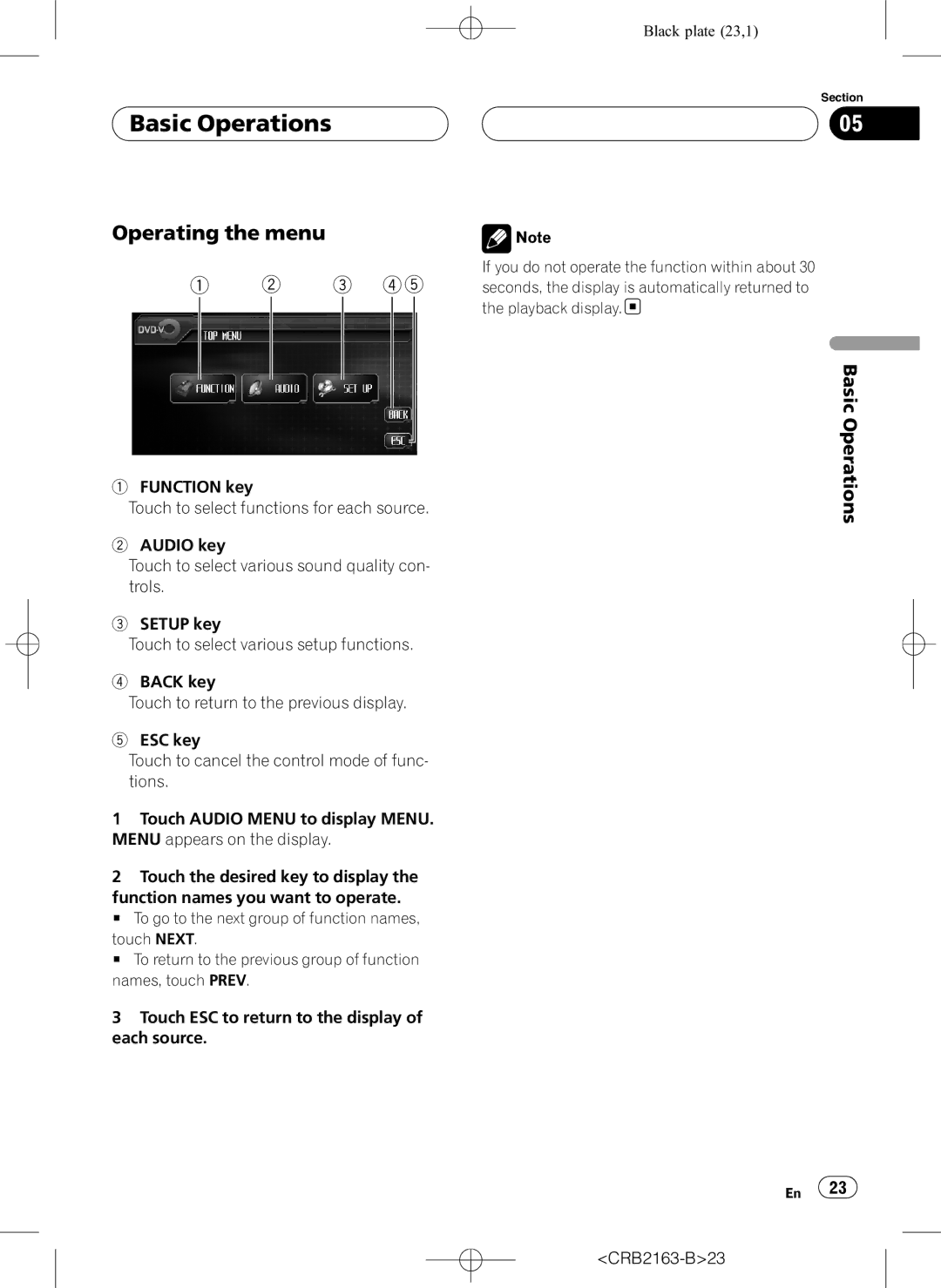 Pioneer AVH-P6850DVD operation manual Operating the menu, Basic Operations, CRB2163-B23 