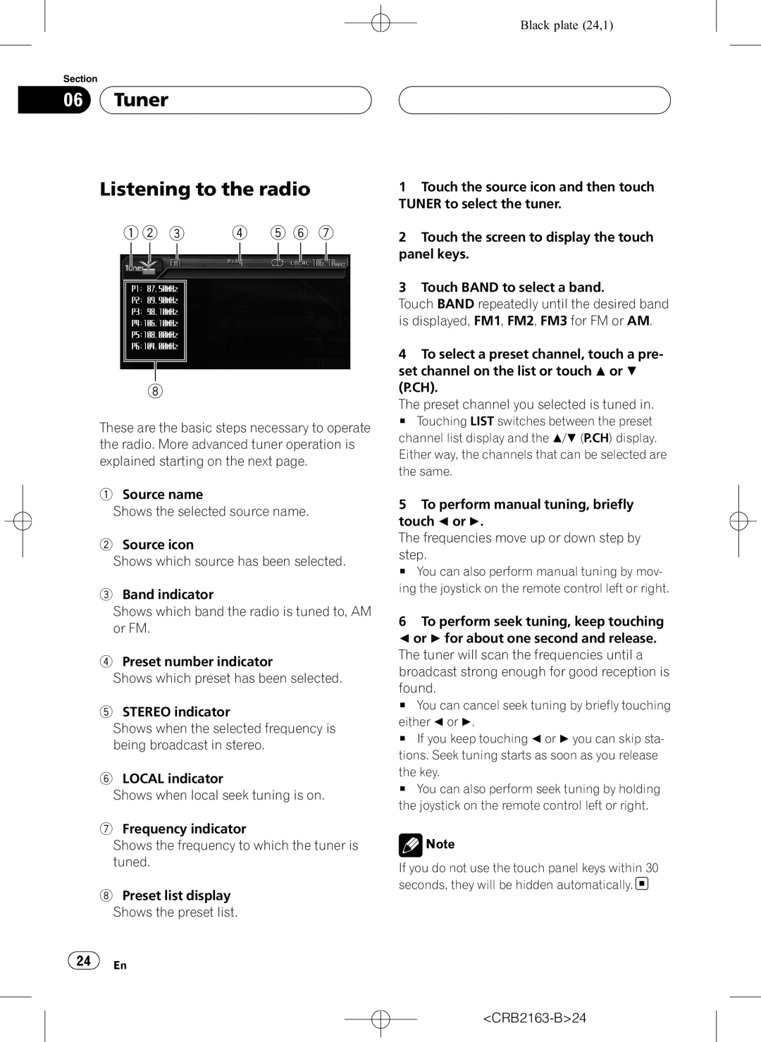 Pioneer AVH-P6850DVD operation manual Tuner Listening to the radio, CRB2163-B24 