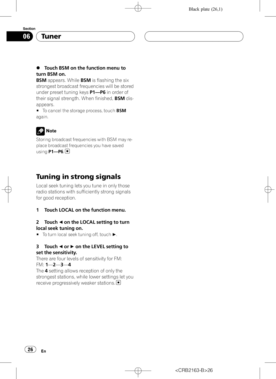 Pioneer AVH-P6850DVD operation manual Tuner, Tuning in strong signals, CRB2163-B26 