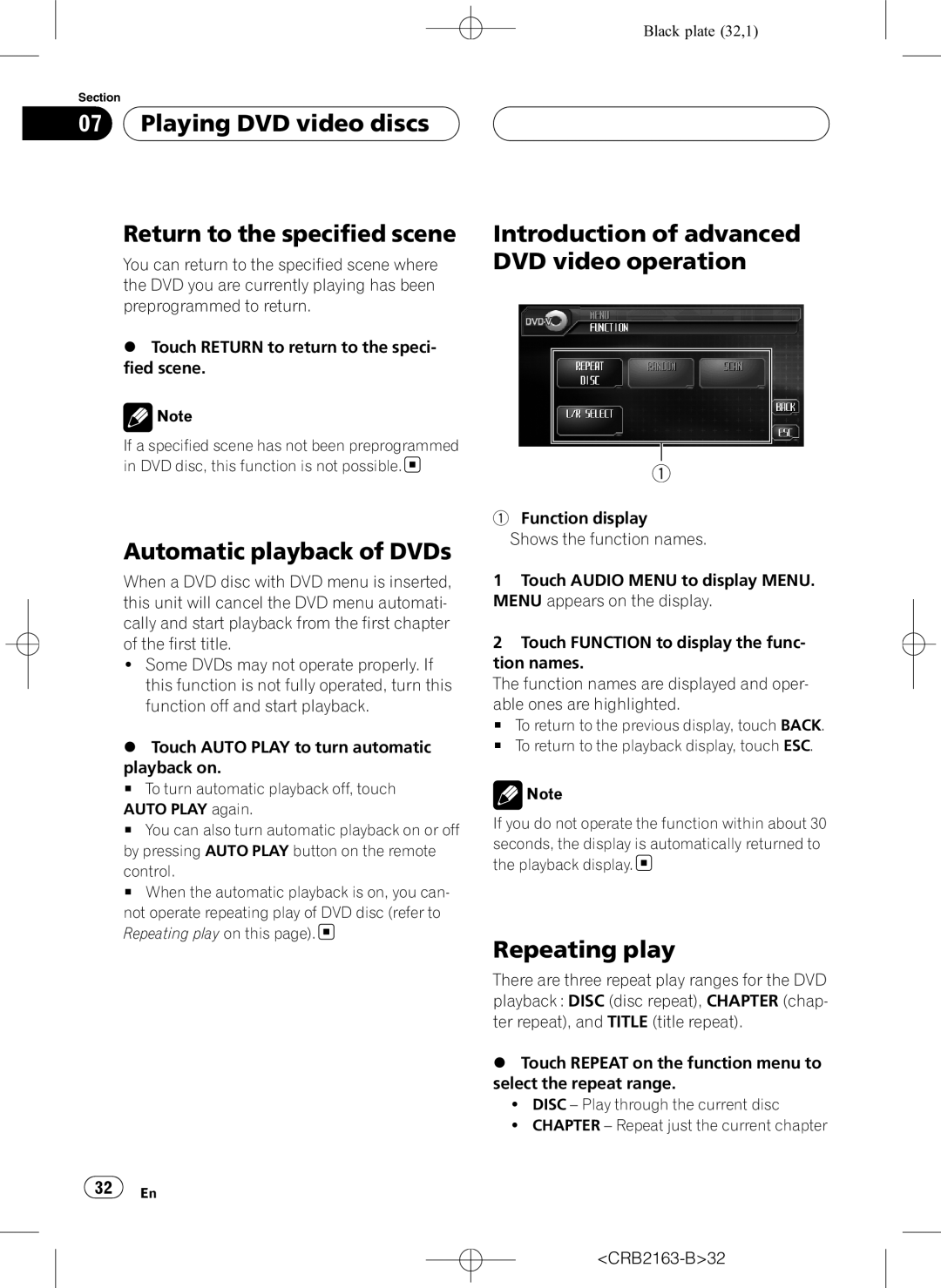 Pioneer AVH-P6850DVD Playing DVD video discs Return to the specified scene, Automatic playback of DVDs, Repeating play 