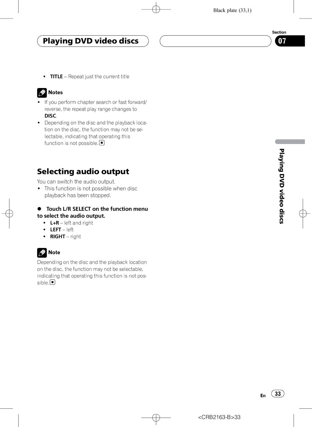 Pioneer AVH-P6850DVD operation manual Selecting audio output, Playing DVD video discs, CRB2163-B33 