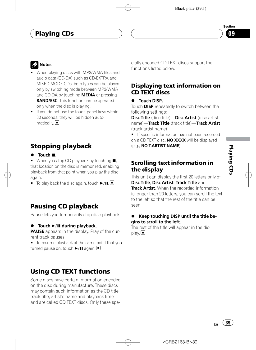 Pioneer AVH-P6850DVD operation manual Playing CDs, Pausing CD playback, Using CD Text functions 