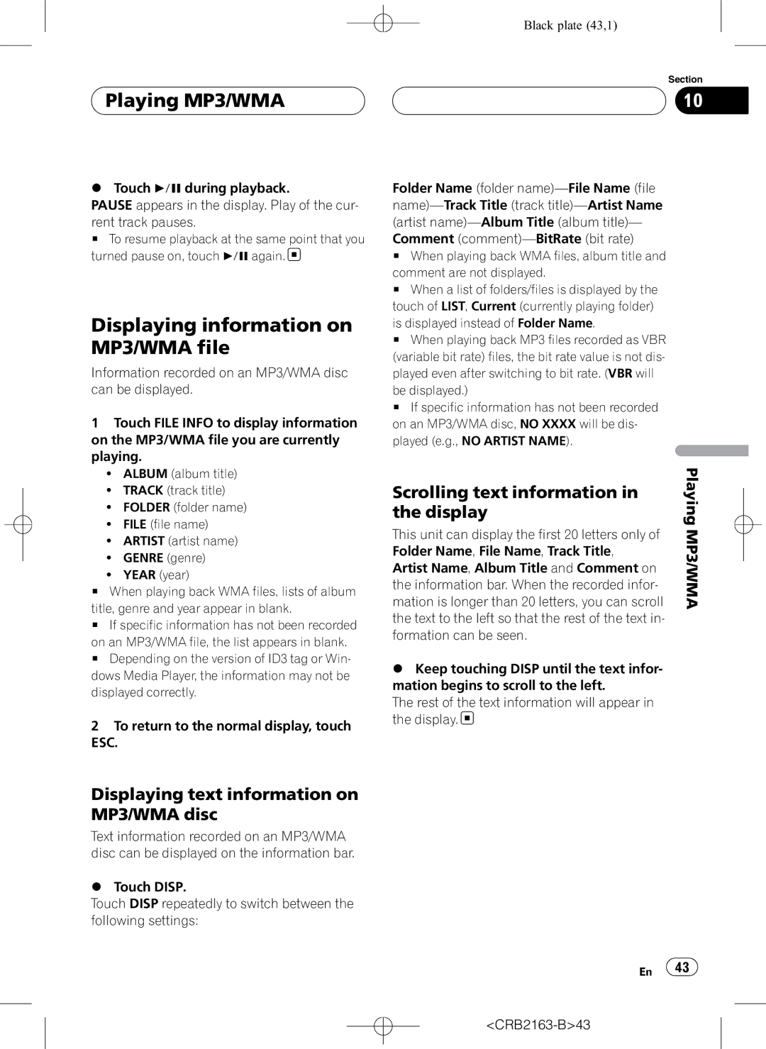 Pioneer AVH-P6850DVD operation manual Displaying information on MP3/WMA file, Displaying text information on MP3/WMA disc 