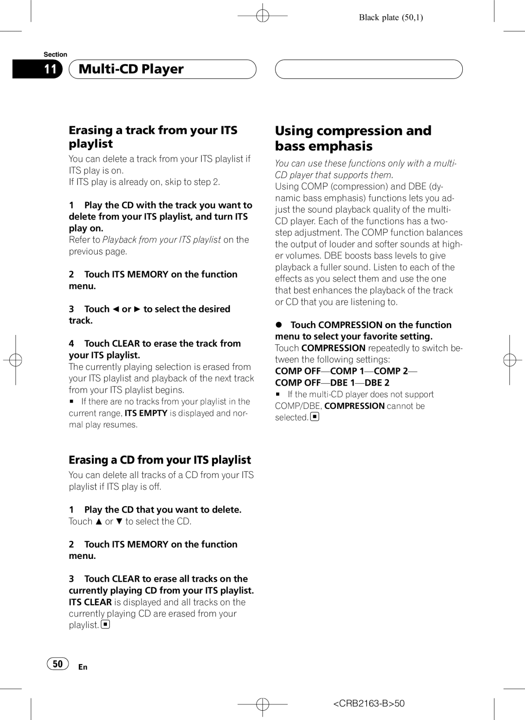 Pioneer AVH-P6850DVD Using compression and bass emphasis, Erasing a track from your ITS playlist, CRB2163-B50 