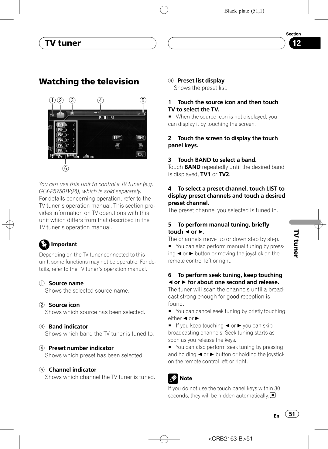 Pioneer AVH-P6850DVD TV tuner Watching the television, # You can also perform manual tuning by press, CRB2163-B51 