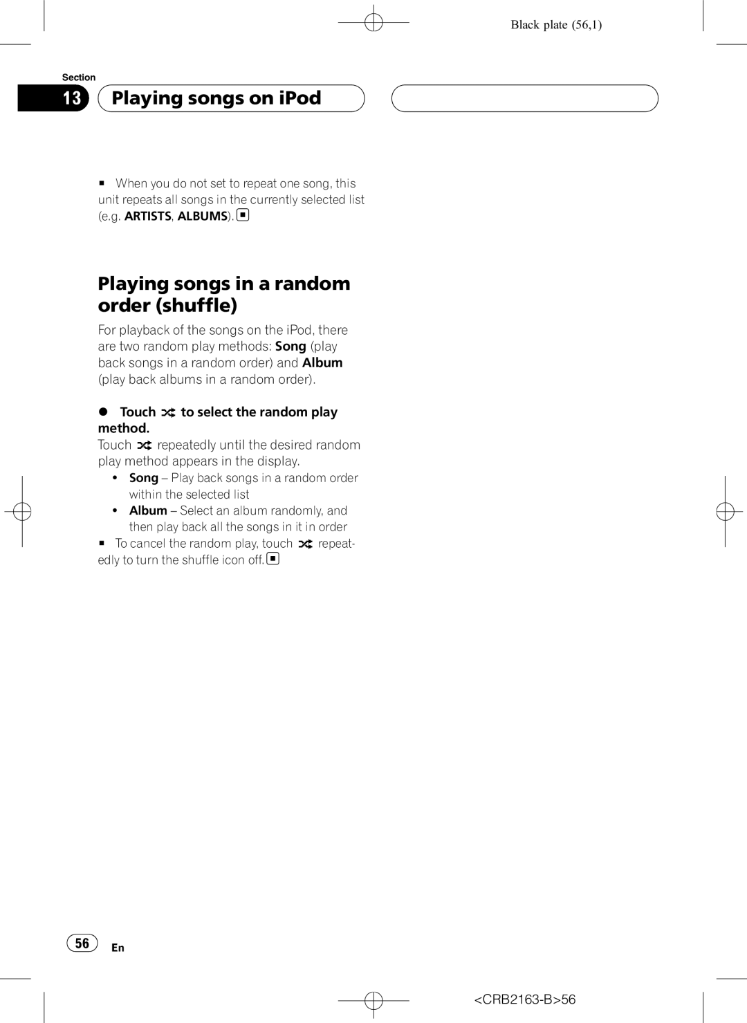 Pioneer AVH-P6850DVD operation manual Playing songs in a random order shuffle, CRB2163-B56 