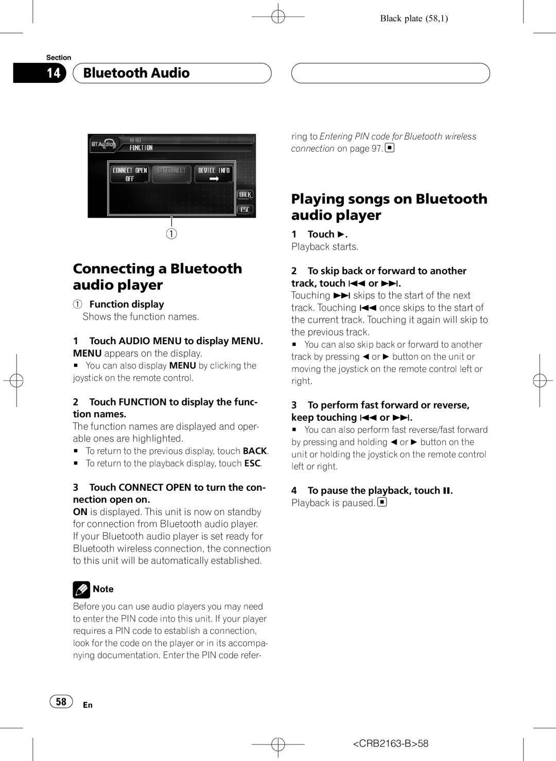 Pioneer AVH-P6850DVD Bluetooth Audio Connecting a Bluetooth audio player, Playing songs on Bluetooth audio player 