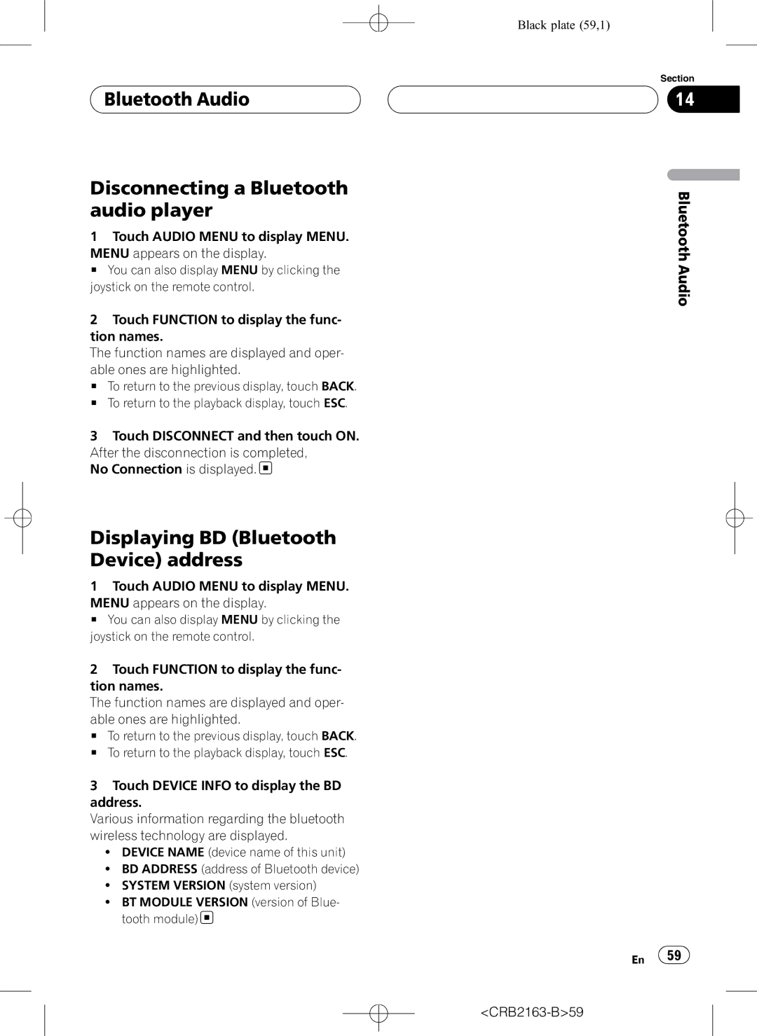 Pioneer AVH-P6850DVD Bluetooth Audio Disconnecting a Bluetooth audio player, Displaying BD Bluetooth Device address 