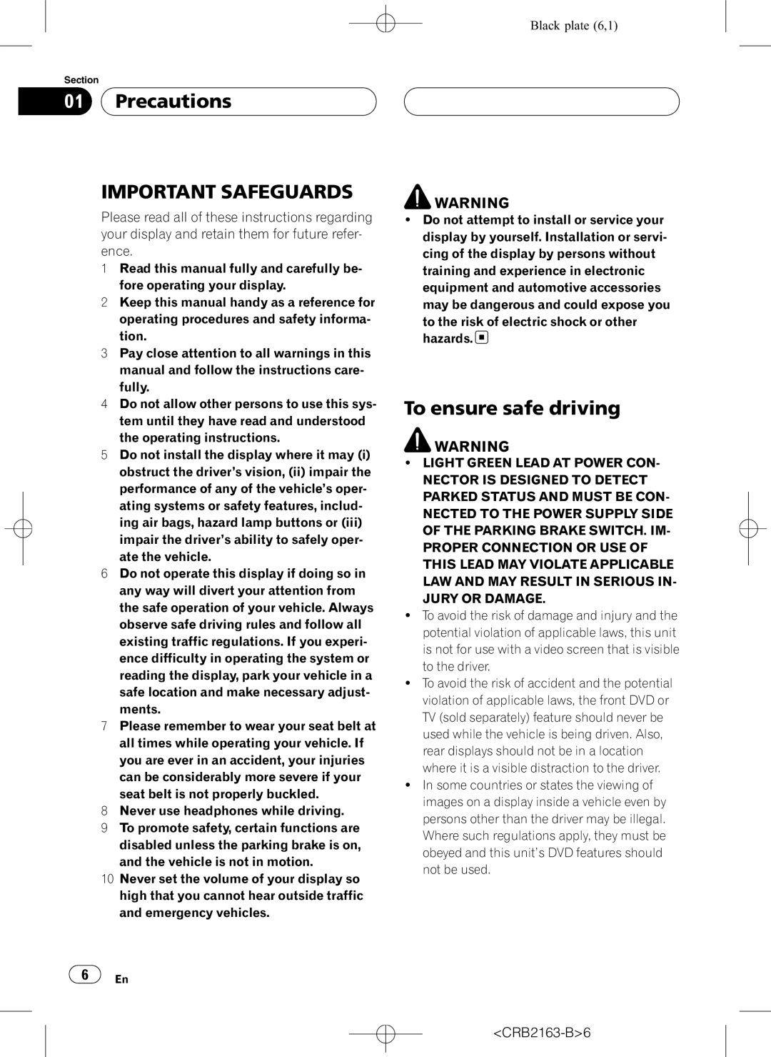 Pioneer AVH-P6850DVD operation manual Precautions, To ensure safe driving 