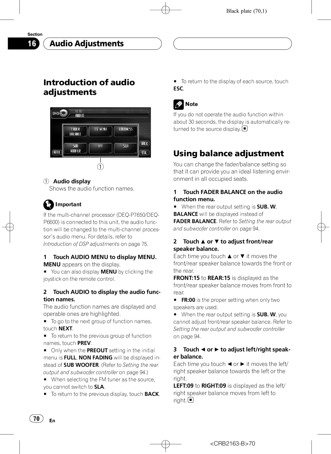 Pioneer AVH-P6850DVD operation manual Audio Adjustments Introduction of audio adjustments, Using balance adjustment 