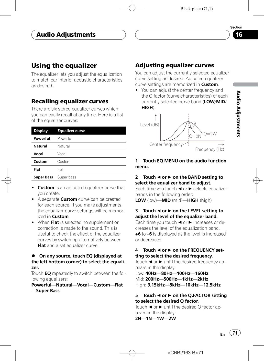 Pioneer AVH-P6850DVD Audio Adjustments Using the equalizer, Recalling equalizer curves, Adjusting equalizer curves, High 