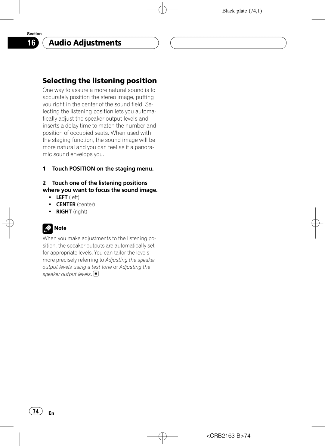 Pioneer AVH-P6850DVD operation manual Selecting the listening position, CRB2163-B74 