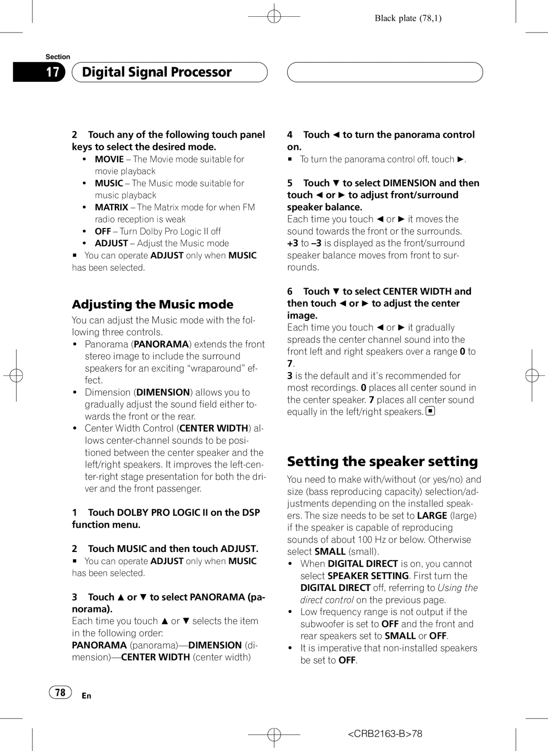 Pioneer AVH-P6850DVD operation manual Setting the speaker setting, Adjusting the Music mode, CRB2163-B78 