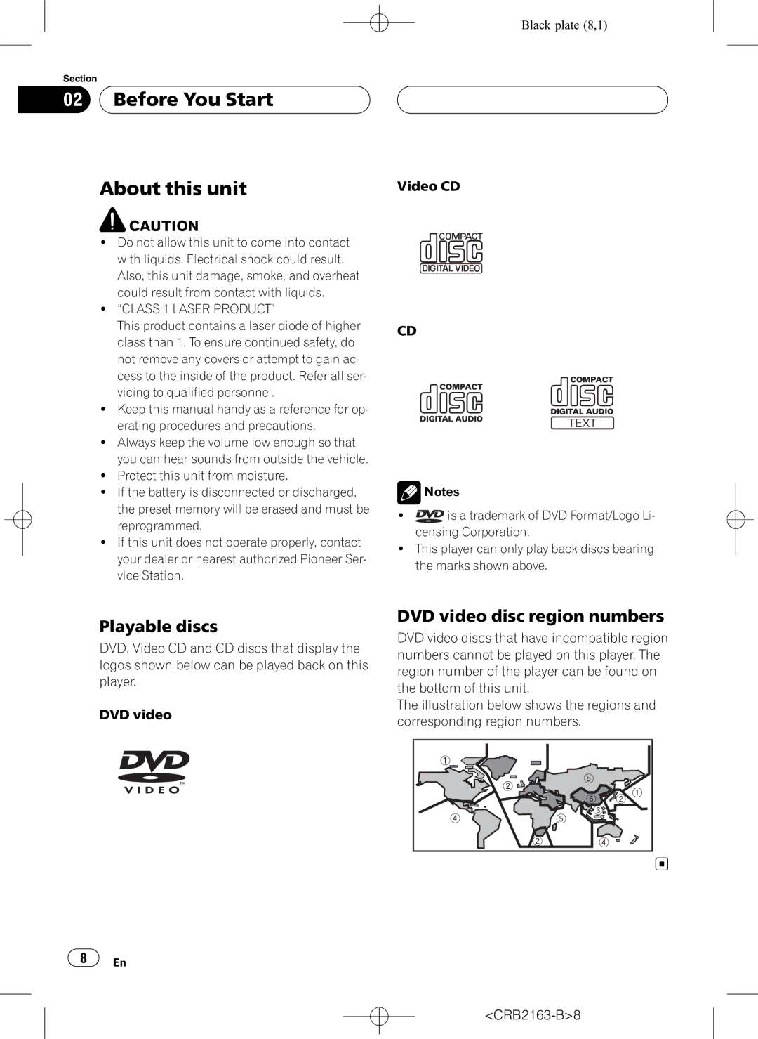 Pioneer AVH-P6850DVD operation manual Before You Start About this unit, Playable discs, DVD video disc region numbers 