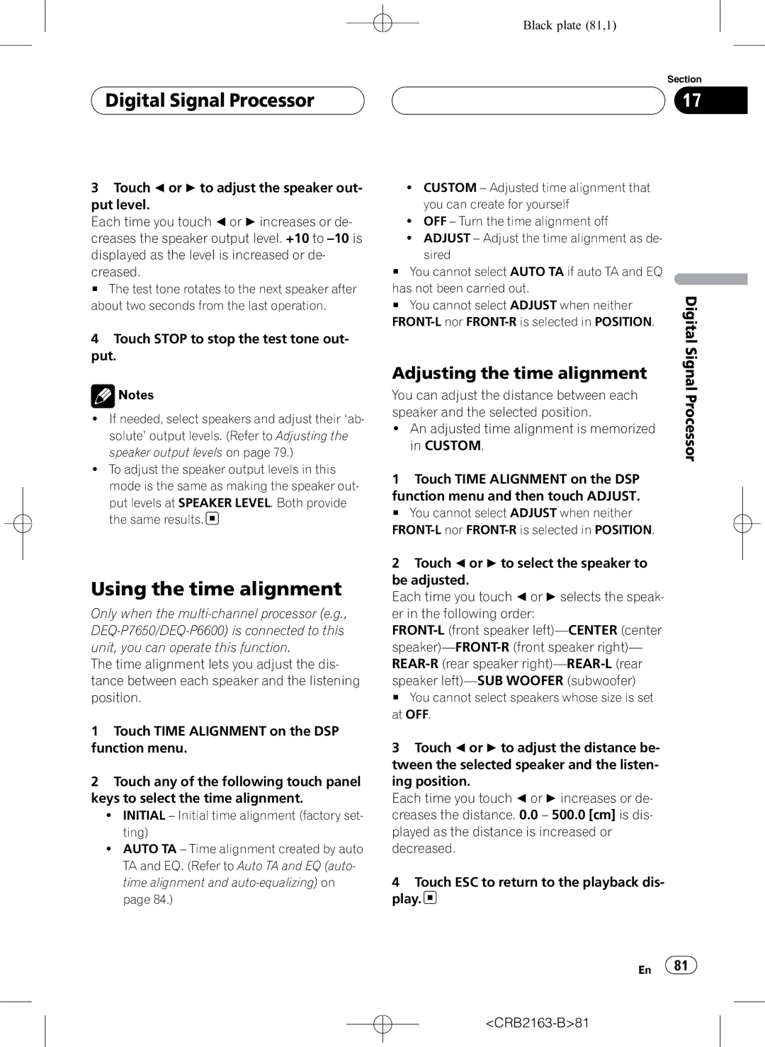 Pioneer AVH-P6850DVD operation manual Using the time alignment, Adjusting the time alignment 