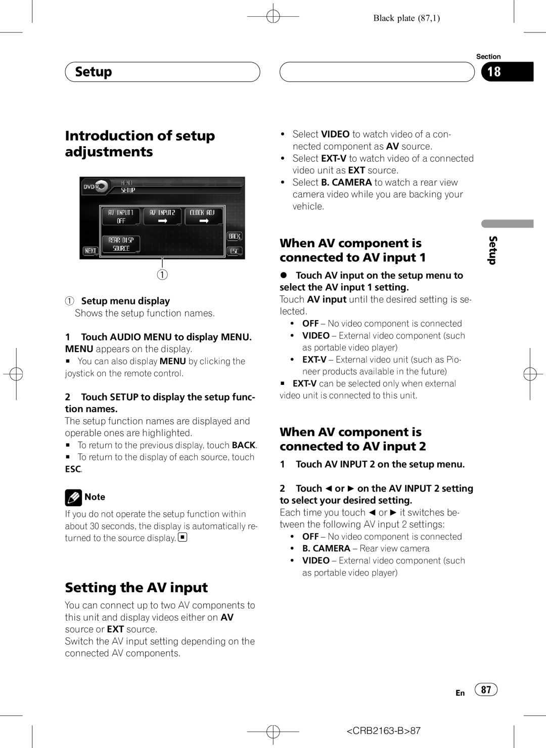 Pioneer AVH-P6850DVD operation manual Setup Introduction of setup adjustments, Setting the AV input, When AV component is 