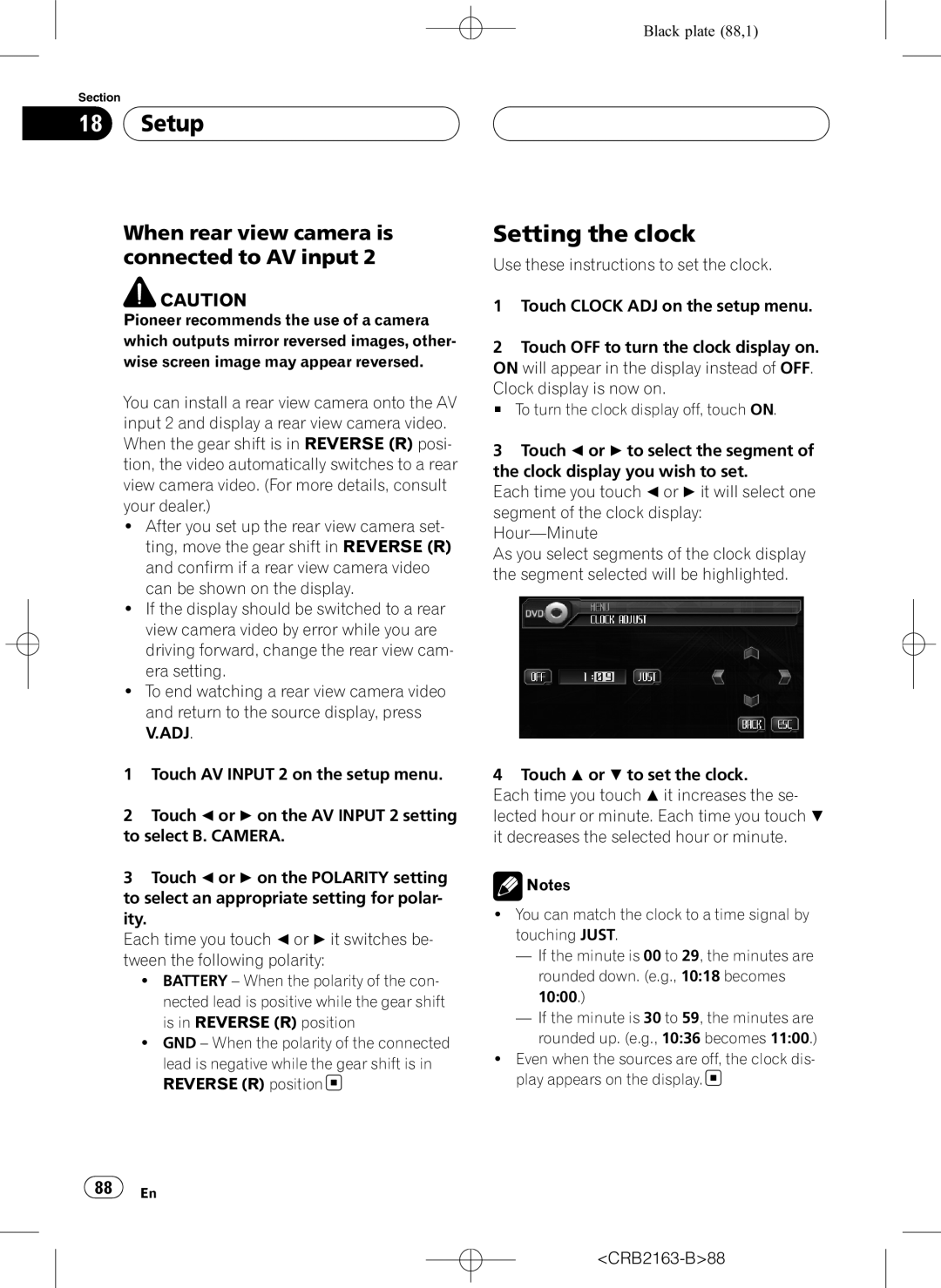 Pioneer AVH-P6850DVD operation manual Setup, Setting the clock, When rear view camera is connected to AV input 