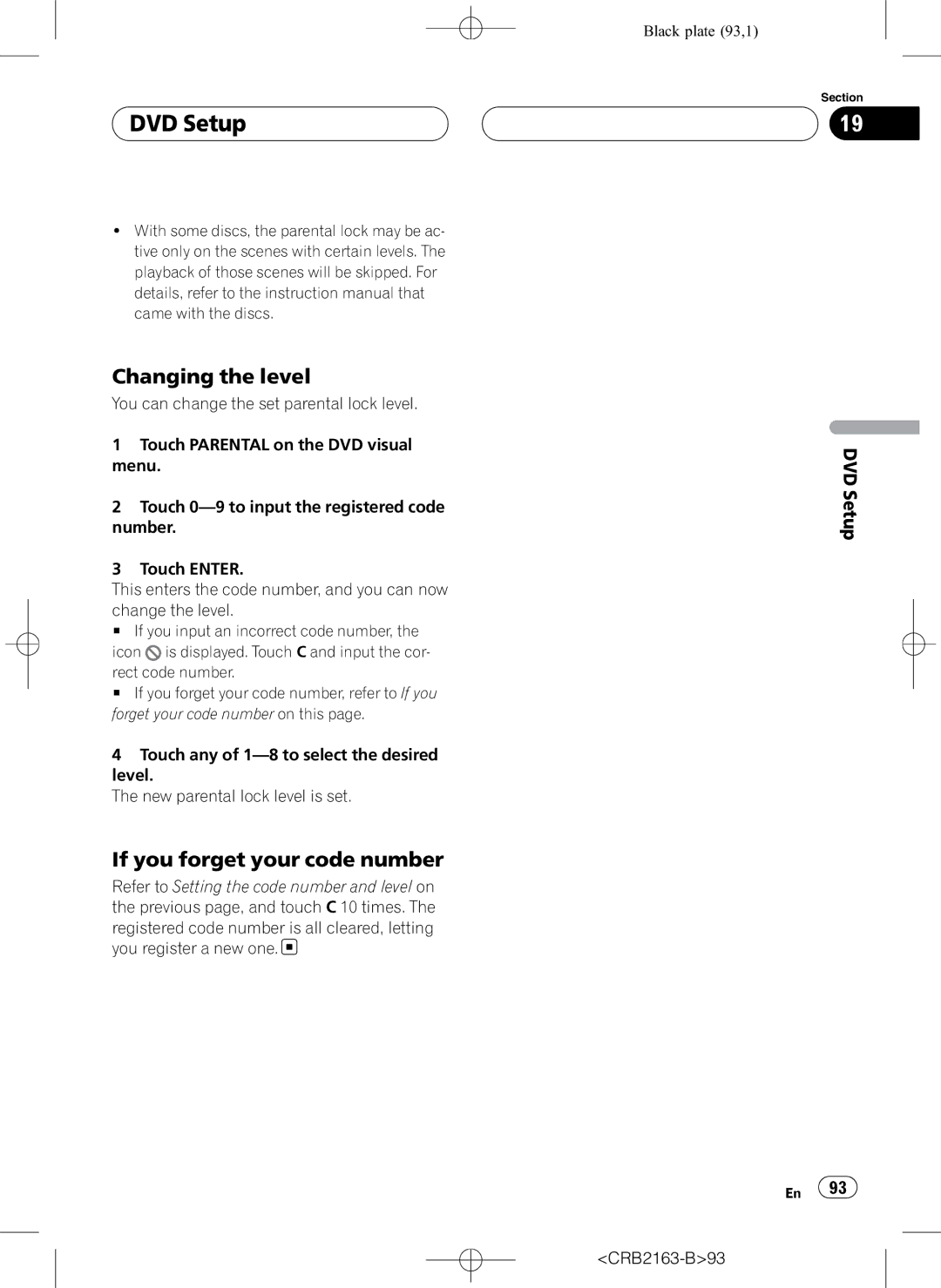 Pioneer AVH-P6850DVD operation manual Changing the level, If you forget your code number, DVD Setup CRB2163-B93 