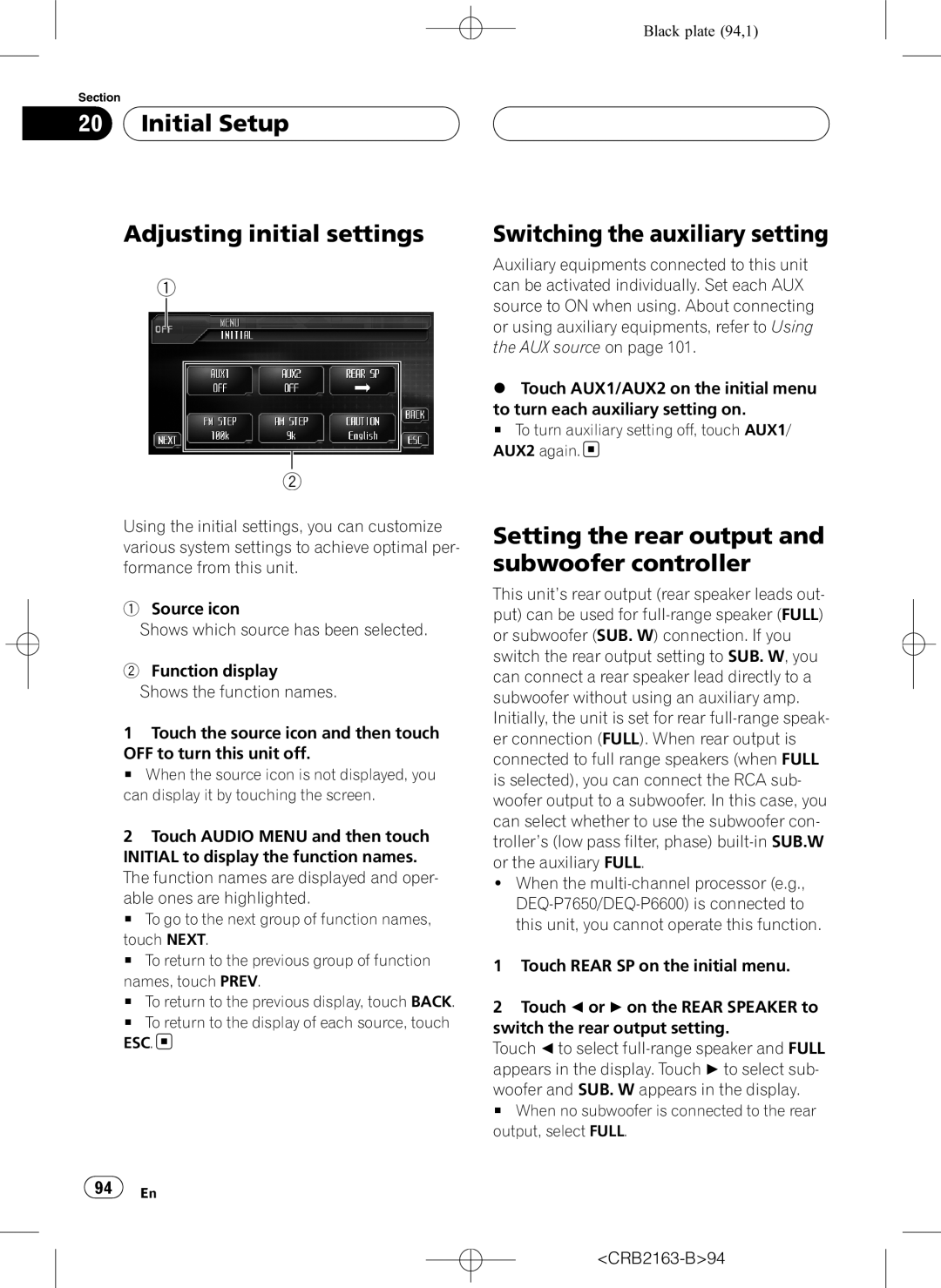 Pioneer AVH-P6850DVD operation manual Initial Setup Adjusting initial settings, Switching the auxiliary setting 