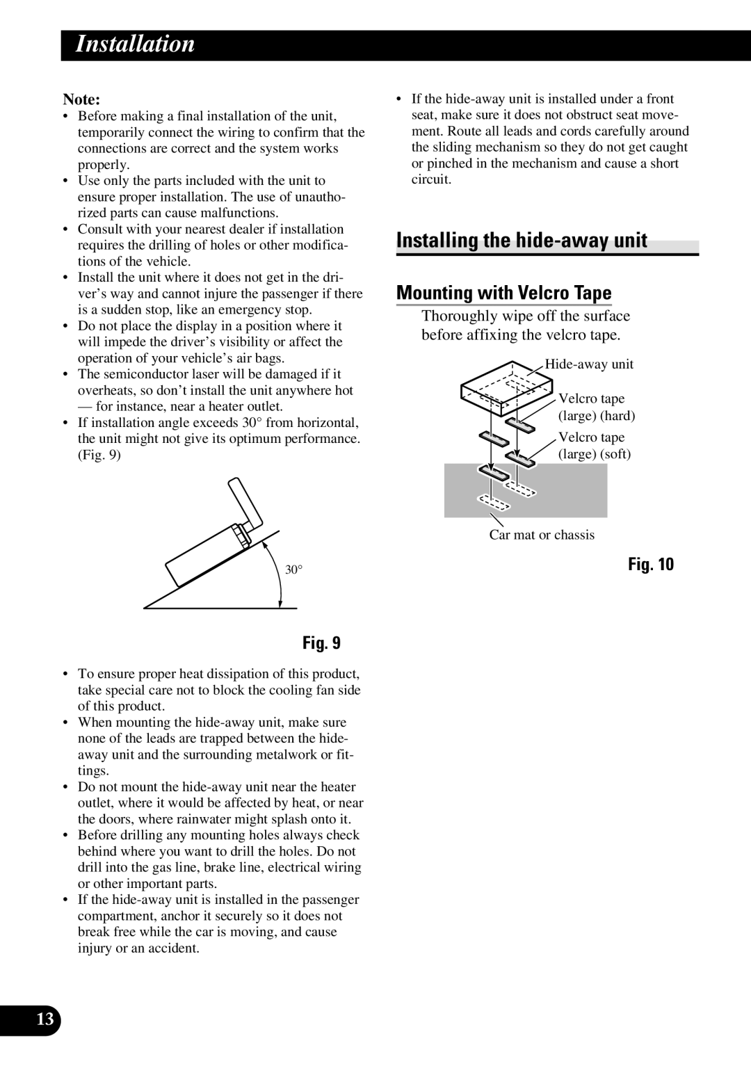 Pioneer AVH-P7600DVD installation manual Installing the hide-away unit, Mounting with Velcro Tape 