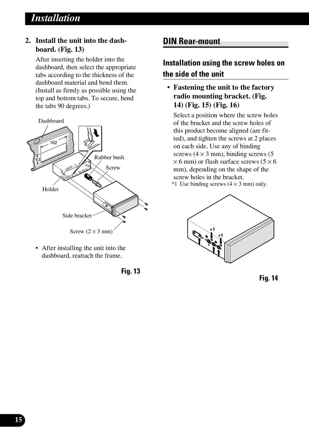 Pioneer AVH-P7600DVD installation manual DIN Rear-mount, Installation using the screw holes on the side of the unit 