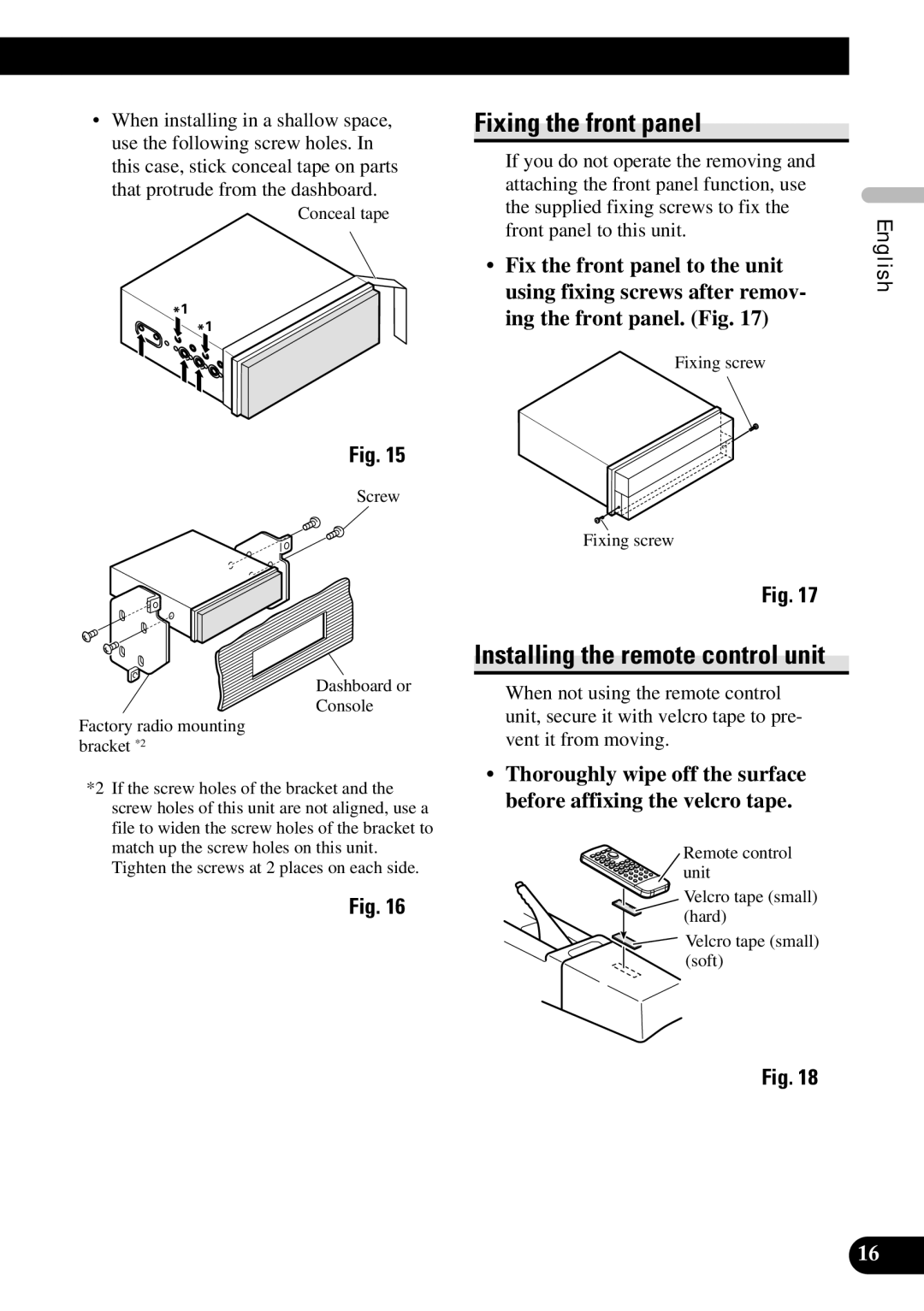 Pioneer AVH-P7600DVD installation manual Fixing the front panel, Installing the remote control unit 