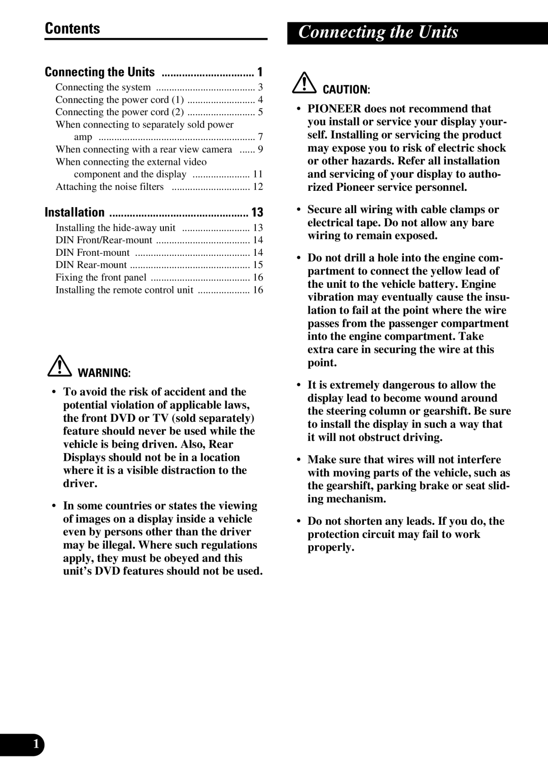 Pioneer AVH-P7600DVD installation manual Connecting the Units, Contents 