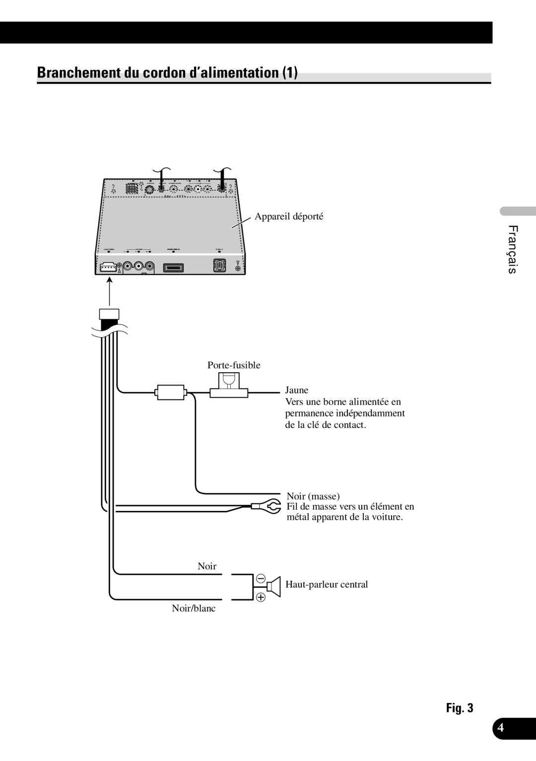 Pioneer AVH-P7600DVD installation manual Branchement du cordon d’alimentation 