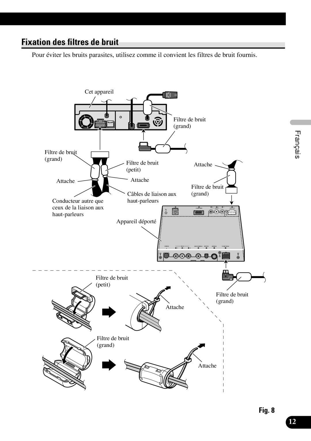 Pioneer AVH-P7600DVD installation manual Fixation des filtres de bruit 