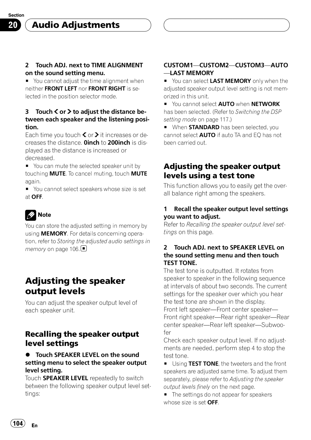 Pioneer AVH-P7800DVD Adjusting the speaker output levels, Recalling the speaker output level settings, 104 En, Test Tone 