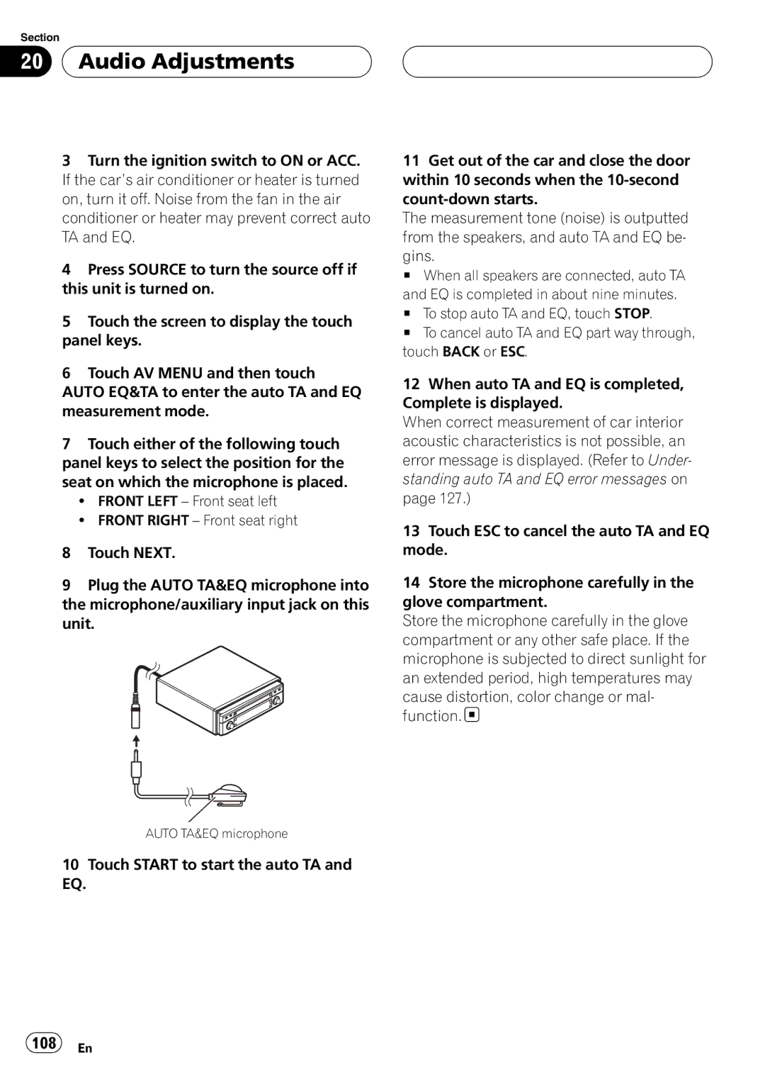 Pioneer AVH-P7800DVD operation manual 108 En, Touch Start to start the auto TA 