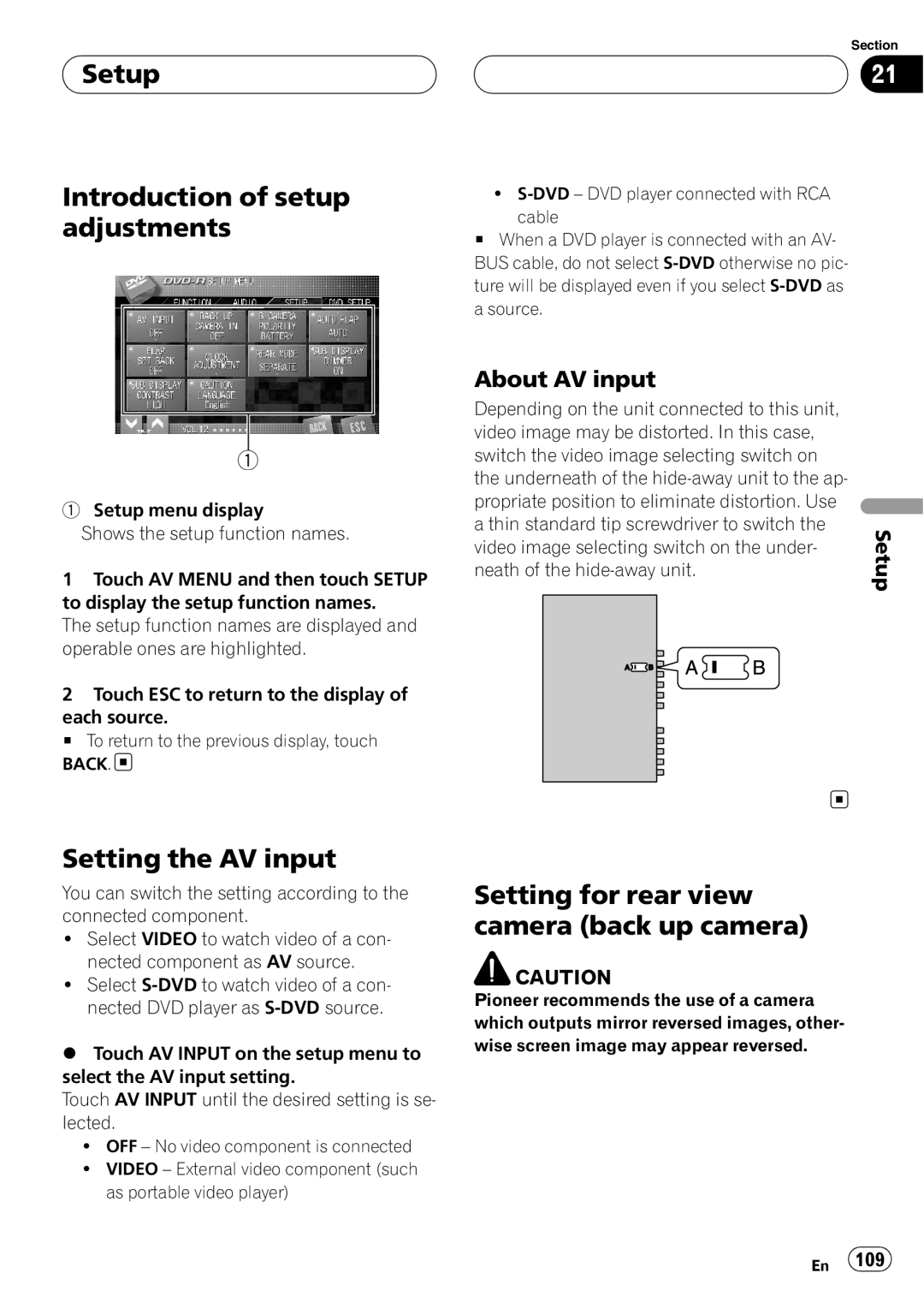 Pioneer AVH-P7800DVD operation manual Setup Introduction of setup adjustments, Setting the AV input, About AV input 