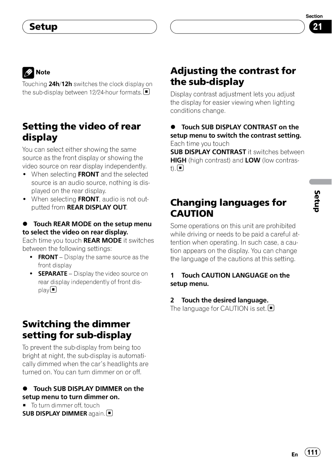 Pioneer P7800DVD Setting the video of rear display, Switching the dimmer setting for sub-display, Changing languages for 