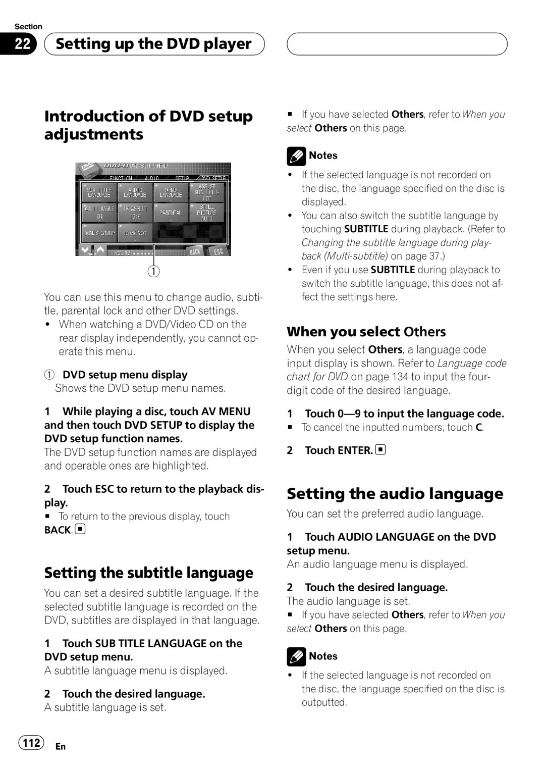 Pioneer AVH-P7800DVD Setting the subtitle language, Setting the audio language, When you select Others, 112 En 