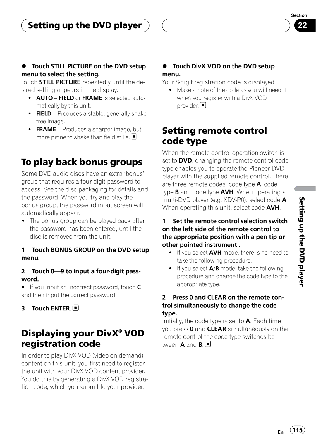 Pioneer P7800DVD To play back bonus groups, Displaying your DivX VOD registration code, Setting remote control code type 