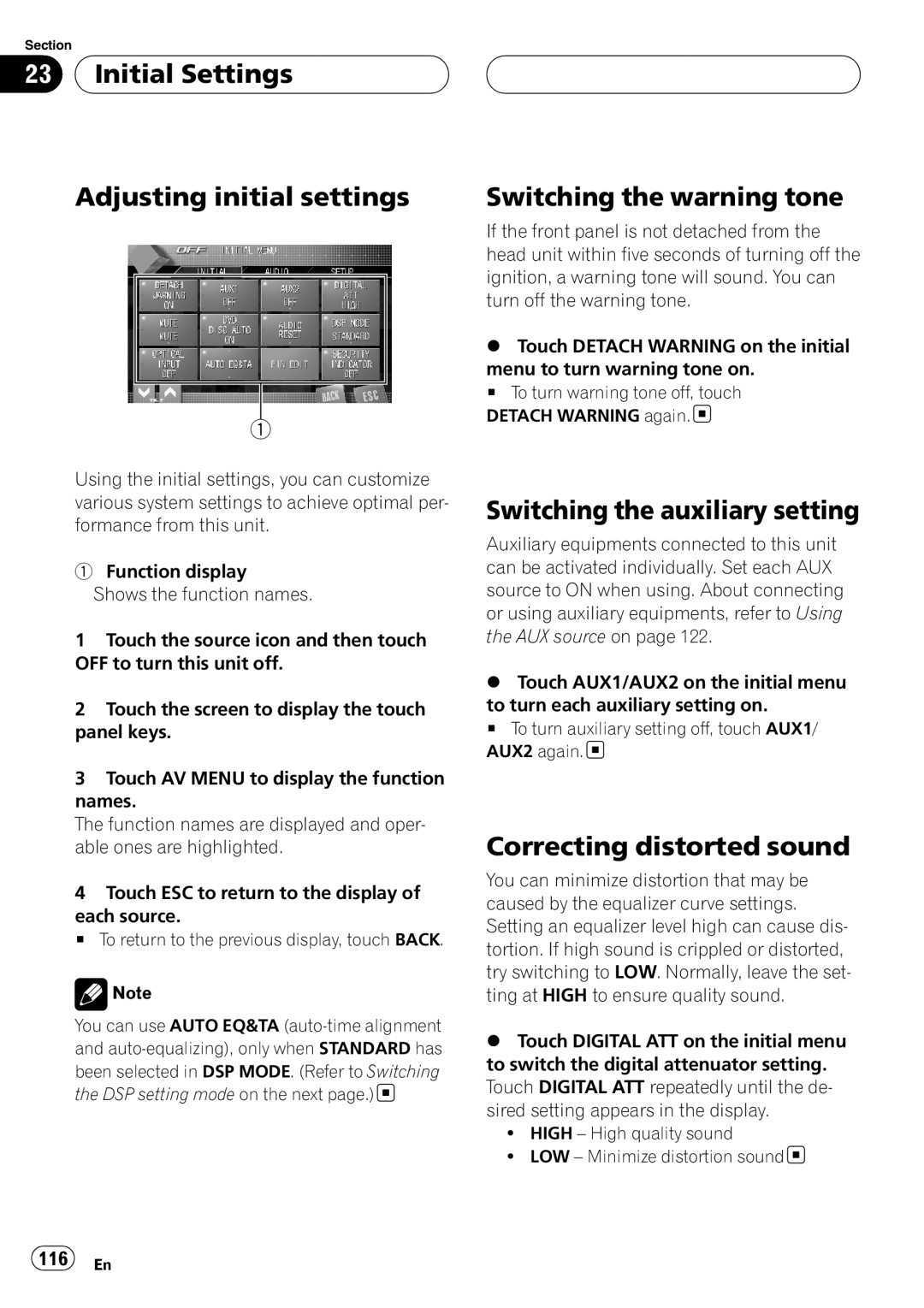 Pioneer AVH-P7800DVD Initial Settings Adjusting initial settings, Switching the warning tone, Correcting distorted sound 