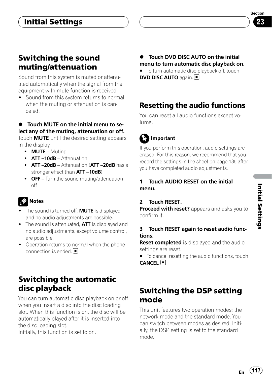 Pioneer AVH-P7800DVD Initial Settings Switching the sound muting/attenuation, Resetting the audio functions 